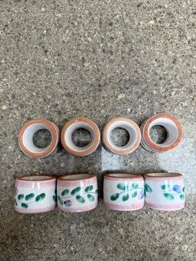 CALECA Hand painted ITALY POTTERY NAPKIN RINGS PINK GARLAND PINK Set of 8